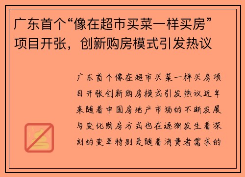 广东首个“像在超市买菜一样买房”项目开张，创新购房模式引发热议