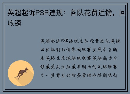 英超起诉PSR违规：各队花费近镑，回收镑