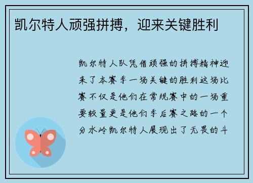 凯尔特人顽强拼搏，迎来关键胜利