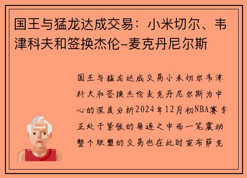 国王与猛龙达成交易：小米切尔、韦津科夫和签换杰伦-麦克丹尼尔斯