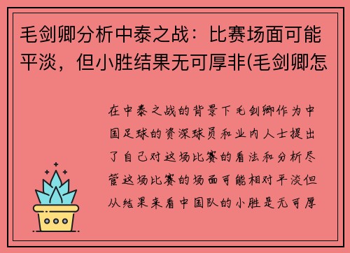 毛剑卿分析中泰之战：比赛场面可能平淡，但小胜结果无可厚非(毛剑卿怎么了)