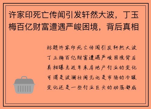 许家印死亡传闻引发轩然大波，丁玉梅百亿财富遭遇严峻困境，背后真相曝光