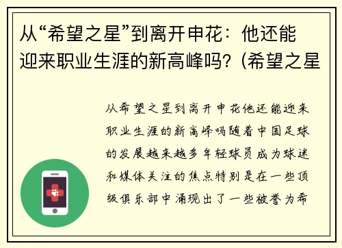 从“希望之星”到离开申花：他还能迎来职业生涯的新高峰吗？(希望之星总决赛视频)