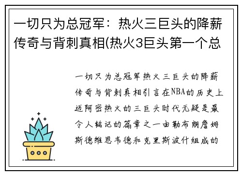 一切只为总冠军：热火三巨头的降薪传奇与背刺真相(热火3巨头第一个总冠军)