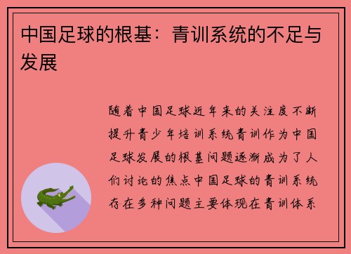 中国足球的根基：青训系统的不足与发展