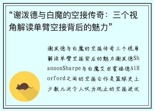 “谢泼德与白魔的空接传奇：三个视角解读单臂空接背后的魅力”