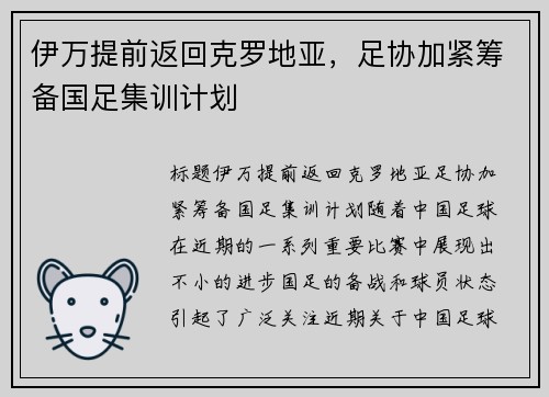 伊万提前返回克罗地亚，足协加紧筹备国足集训计划