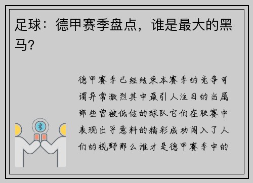 足球：德甲赛季盘点，谁是最大的黑马？